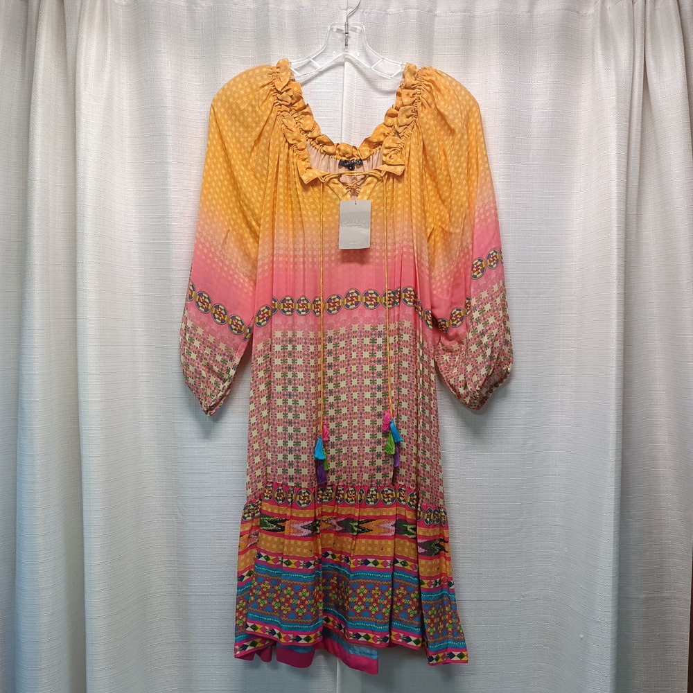Tanvi Kedia Anthropologie Boho Ombre Beaded Tassel Peasant‎ Dress Womens M NWT
